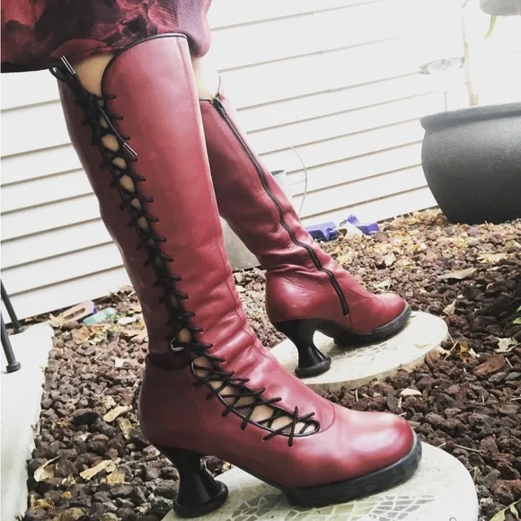 John Fluevog Mini Sugar Knee-High Lace-Up Boots Wine Black 9 GUC - Picture 1 of 11